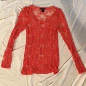 Bright coral  lace long sleeve top